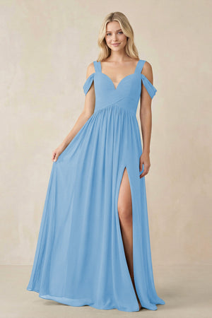 Chiffon A-Line Bridesmaid Dress with Slit  in Steel Blue - KissProm BRIDESMAID DRESSES