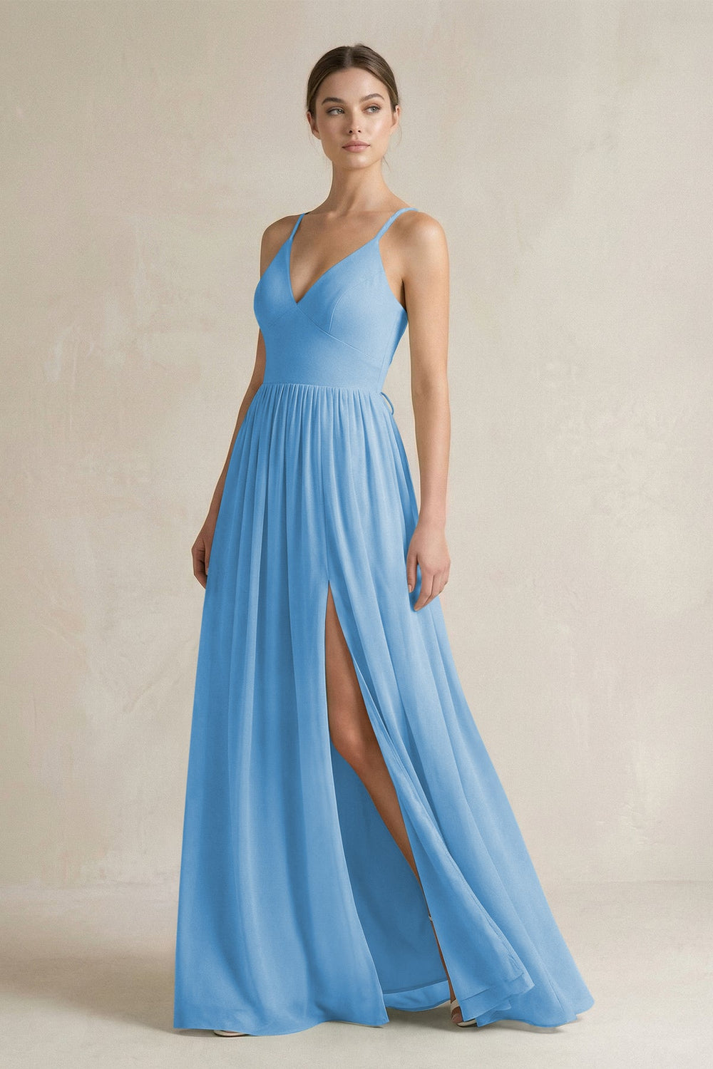 A-Line Spaghetti Strap Chiffon Bridesmaid Dress in Steel Blue - KissProm BRIDESMAID DRESSES