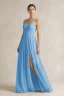 A-Line Spaghetti Strap Chiffon Bridesmaid Dress in Steel Blue - KissProm BRIDESMAID DRESSES