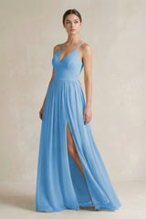 A-Line Spaghetti Strap Chiffon Bridesmaid Dress in Steel Blue - KissProm BRIDESMAID DRESSES