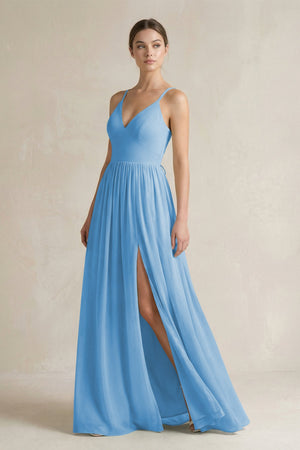 A-Line Spaghetti Strap Chiffon Bridesmaid Dress in Steel Blue - KissProm BRIDESMAID DRESSES