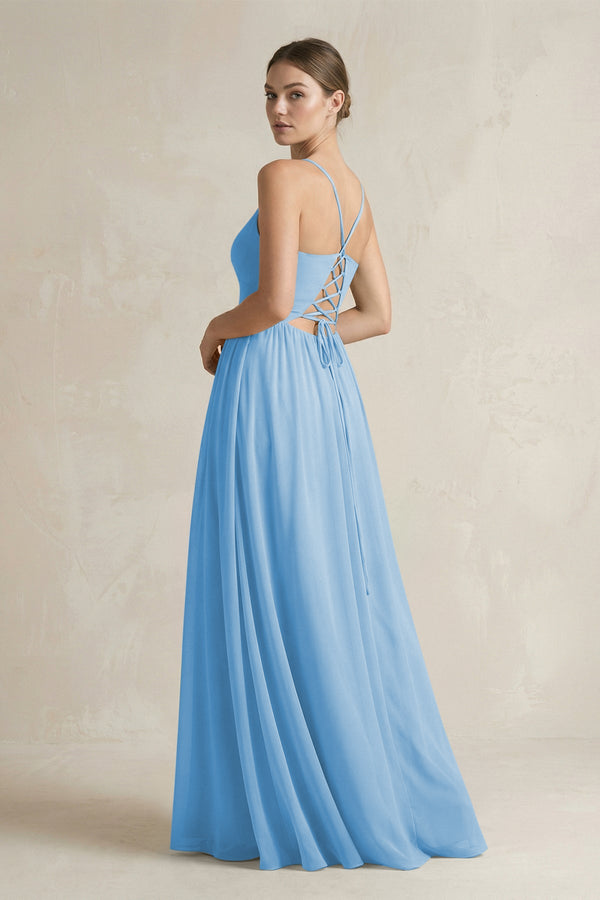 A-Line Spaghetti Strap Chiffon Bridesmaid Dress in Steel Blue - KissProm BRIDESMAID DRESSES