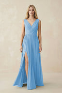 V-Neck Chiffon Pleated A-Line Bridesmaid Dress in Steel Blue - KissProm BRIDESMAID DRESSES