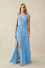 V-Neck Chiffon Pleated A-Line Bridesmaid Dress in Steel Blue - KissProm BRIDESMAID DRESSES
