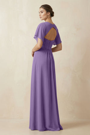 Short Sleeve V-Neck Chiffon A-Line Bridesmaid Dress in Tahiti - KissProm BRIDESMAID DRESSES