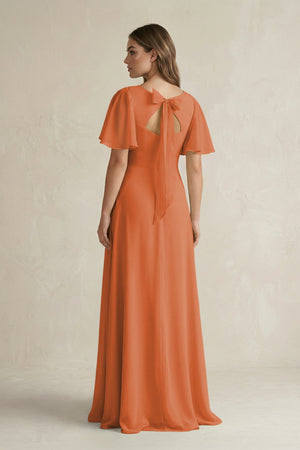 Flutter Sleeve V-Neck A-Line Chiffon Bridesmaid Dress in Terracotta