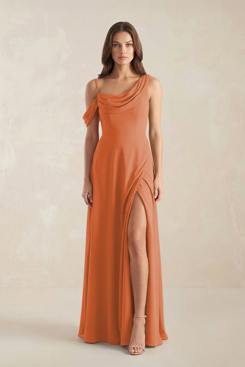 One-Shoulder Chiffon A-Line Bridesmaid Dress in Terracotta - KissProm BRIDESMAID DRESSES