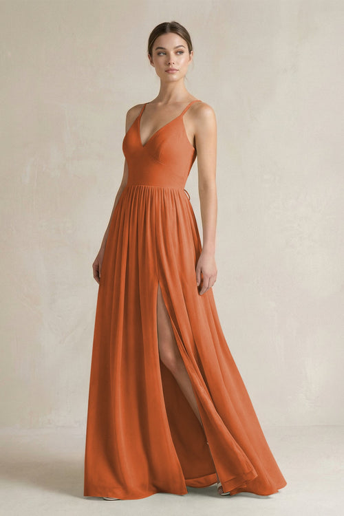 A-Line Spaghetti Strap Chiffon Bridesmaid Dress in Terracotta - KissProm BRIDESMAID DRESSES