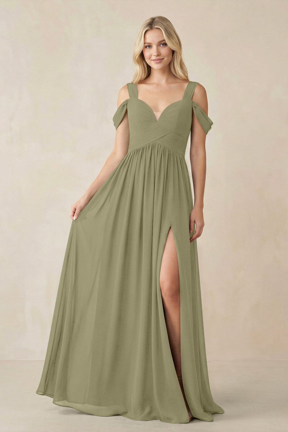Chiffon A-Line Bridesmaid Dress with Slit  in Thyme - KissProm BRIDESMAID DRESSES