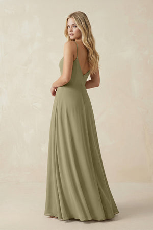 Cami Strap A-Line Chiffon Bridesmaid Dress with Slit in Thyme - KissProm BRIDESMAID DRESSES
