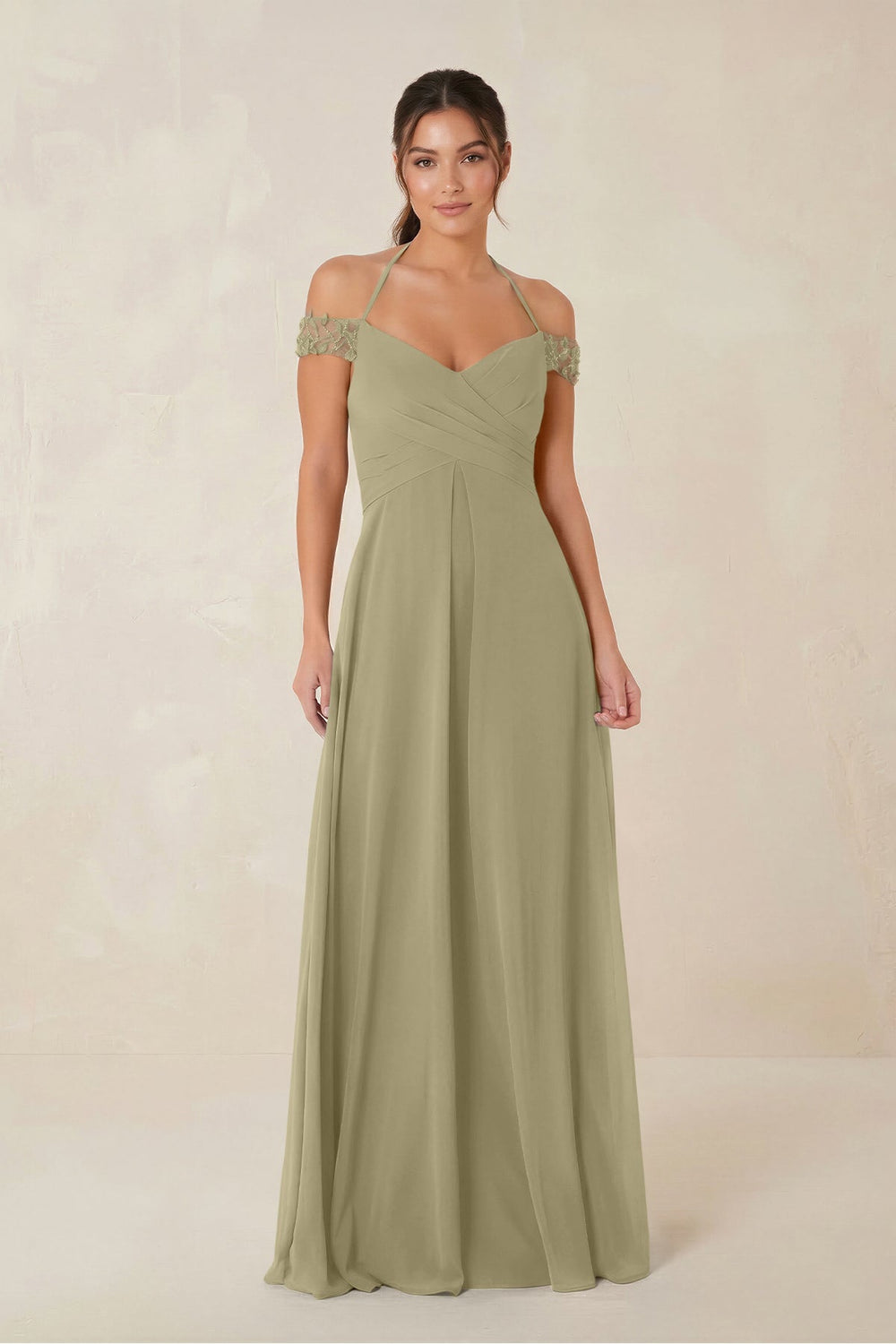 A-Line Off-the-Shoulder Chiffon Bridesmaid Dress in Thyme - KissProm BRIDESMAID DRESSES