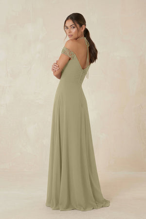 A-Line Off-the-Shoulder Chiffon Bridesmaid Dress in Thyme - KissProm BRIDESMAID DRESSES