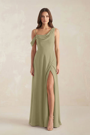 One-Shoulder Chiffon A-Line Bridesmaid Dress in Thyme - KissProm BRIDESMAID DRESSES