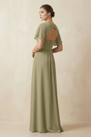 Short Sleeve V-Neck Chiffon A-Line Bridesmaid Dress in Thyme - KissProm BRIDESMAID DRESSES