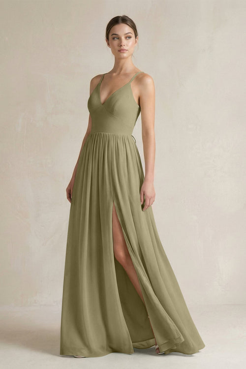 A-Line Spaghetti Strap Chiffon Bridesmaid Dress in Thyme - KissProm BRIDESMAID DRESSES