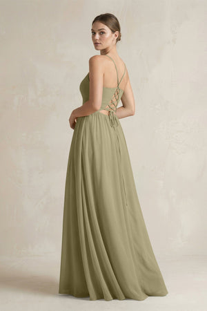 A-Line Spaghetti Strap Chiffon Bridesmaid Dress in Thyme - KissProm BRIDESMAID DRESSES