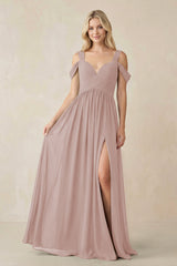 Chiffon A-Line Bridesmaid Dress with Slit  in Toffee - KissProm BRIDESMAID DRESSES