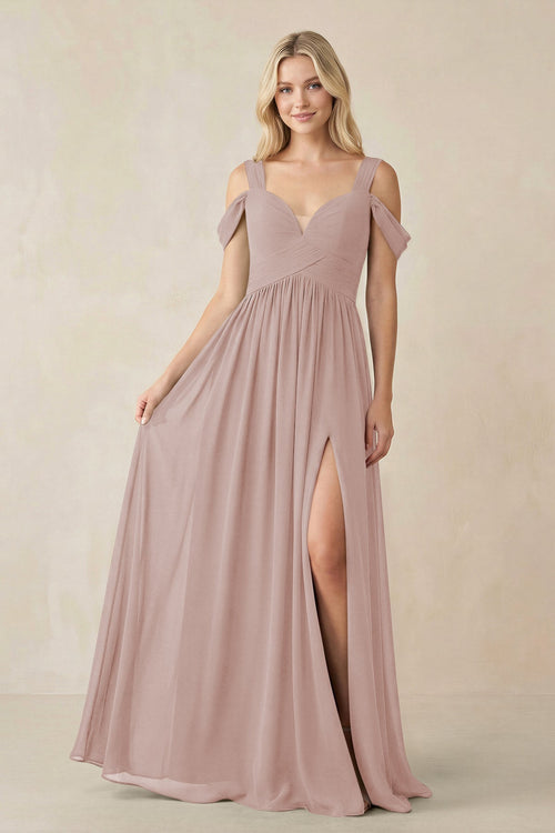 Chiffon A-Line Bridesmaid Dress with Slit  in Toffee - KissProm BRIDESMAID DRESSES