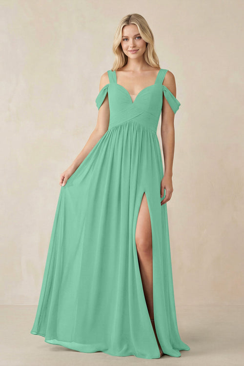 Chiffon A-Line Bridesmaid Dress with Slit  in Turquoise - KissProm BRIDESMAID DRESSES