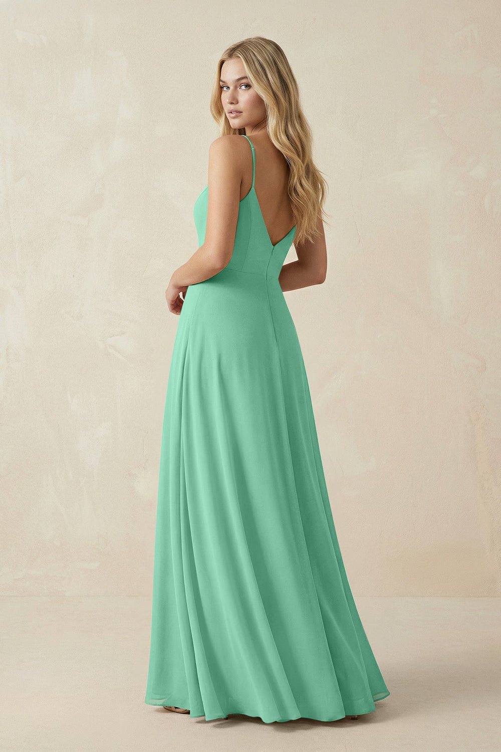 Cami Strap A-Line Chiffon Bridesmaid Dress with Slit in Turquoise - KissProm BRIDESMAID DRESSES