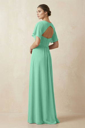 Short Sleeve V-Neck Chiffon A-Line Bridesmaid Dress in Turquoise - KissProm BRIDESMAID DRESSES