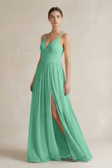 A-Line Spaghetti Strap Chiffon Bridesmaid Dress in Turquoise - KissProm BRIDESMAID DRESSES