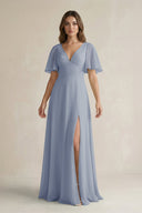 Flutter Sleeve V-Neck A-Line Chiffon Bridesmaid Dress in Twilight