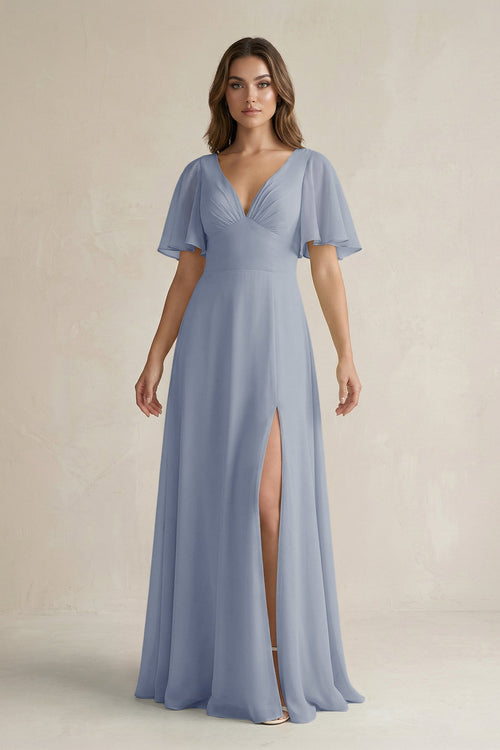 Flutter Sleeve V-Neck A-Line Chiffon Bridesmaid Dress in Twilight