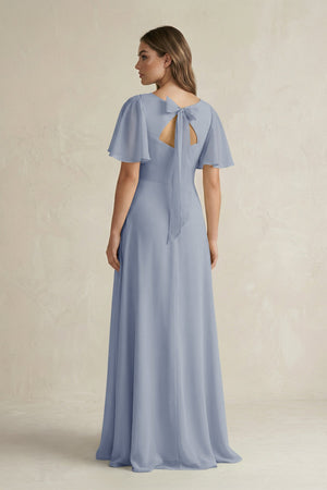 Flutter Sleeve V-Neck A-Line Chiffon Bridesmaid Dress in Twilight
