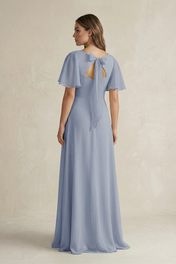 Flutter Sleeve V-Neck A-Line Chiffon Bridesmaid Dress in Twilight