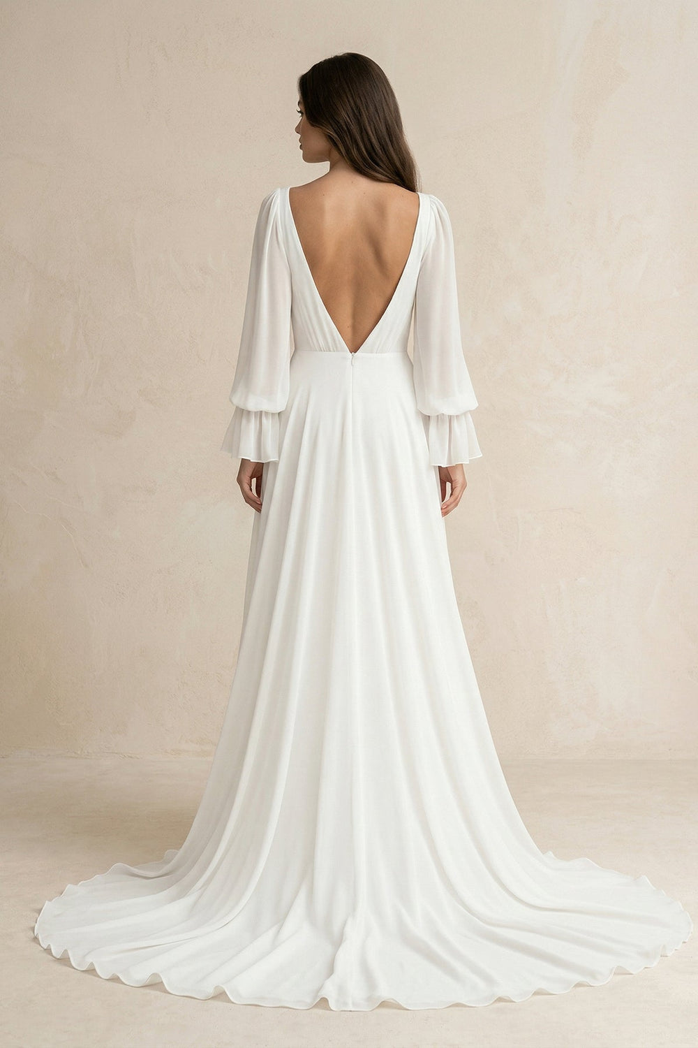 Chiffon V - Neck A - Line Long Sleeves Wedding Dress in White - KissProm Wedding Dresses