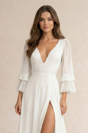 Chiffon V - Neck A - Line Long Sleeves Wedding Dress in White - KissProm Wedding Dresses