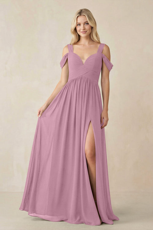 Chiffon A-Line Bridesmaid Dress with Slit  in Vintage Mauve - KissProm BRIDESMAID DRESSES