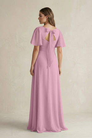 Flutter Sleeve V-Neck A-Line Chiffon Bridesmaid Dress in Vintage Mauve