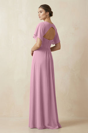 Short Sleeve V-Neck Chiffon A-Line Bridesmaid Dress in Vintage Mauve - KissProm BRIDESMAID DRESSES