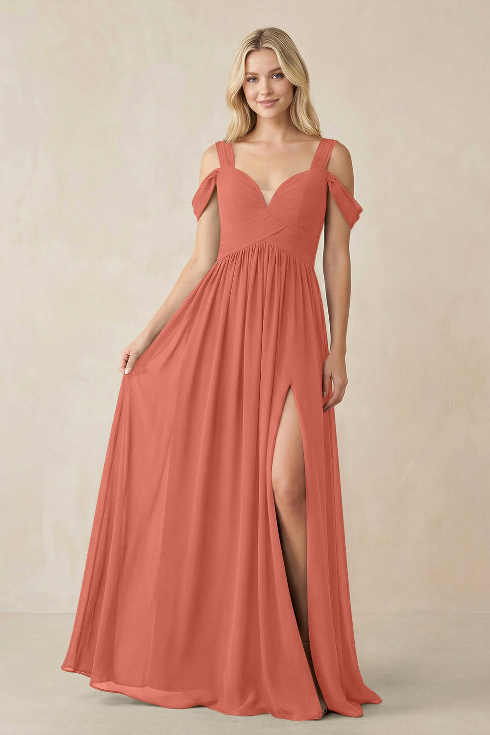 Chiffon A-Line Bridesmaid Dress with Slit  in Wild Rose - KissProm BRIDESMAID DRESSES