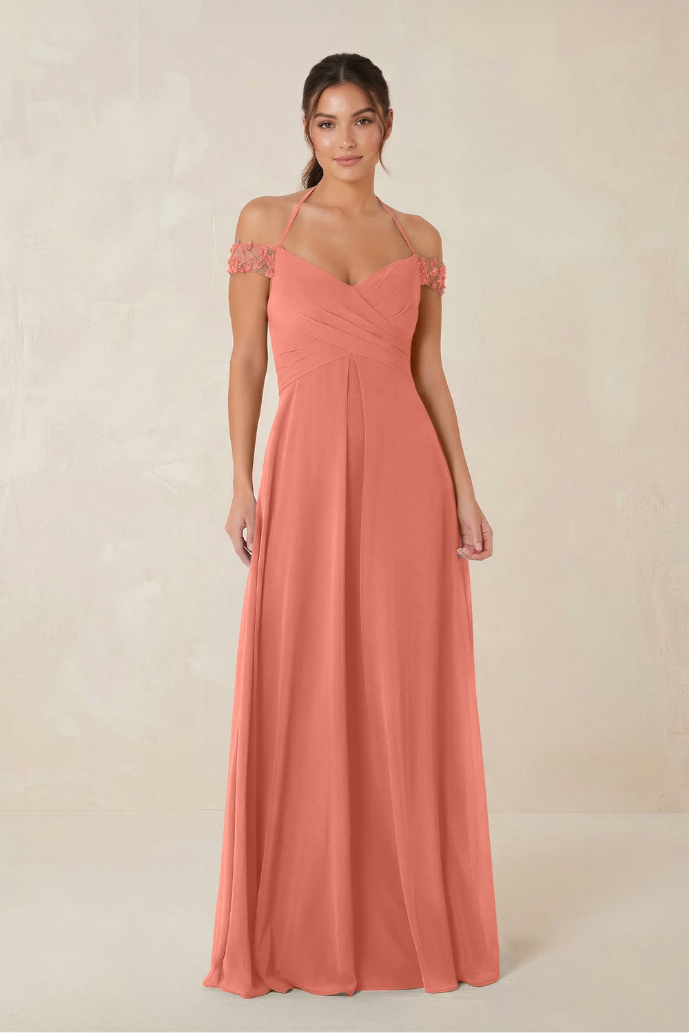 A-Line Off-the-Shoulder Chiffon Bridesmaid Dress in Wild Rose - KissProm BRIDESMAID DRESSES