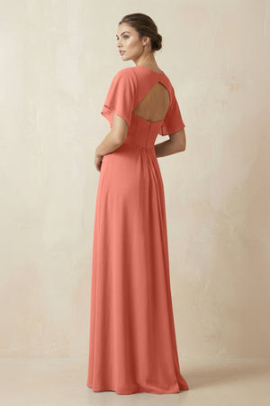 Short Sleeve V-Neck Chiffon A-Line Bridesmaid Dress in Wild Rose - KissProm BRIDESMAID DRESSES