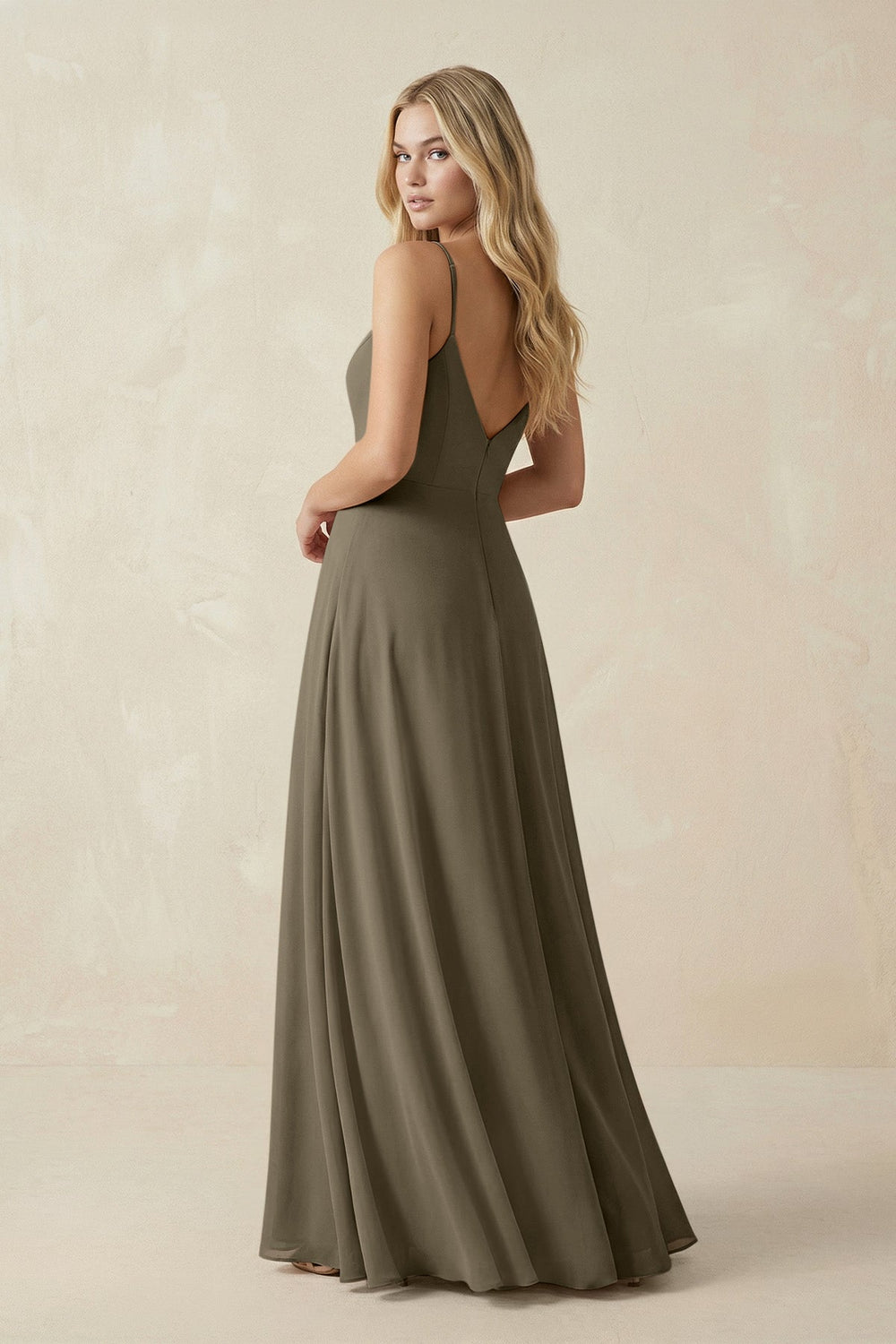 Cami Strap A-Line Chiffon Bridesmaid Dress with Slit in Willow Green - KissProm BRIDESMAID DRESSES