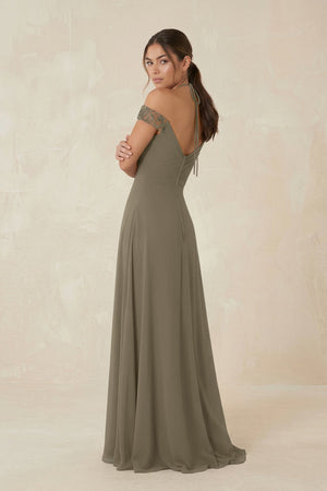 A-Line Off-the-Shoulder Chiffon Bridesmaid Dress in Willow Green - KissProm BRIDESMAID DRESSES