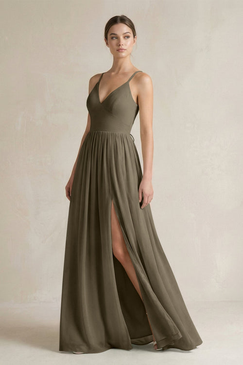 KissProm A-Line Spaghetti Strap Chiffon Bridesmaid Dress in Willow Green, Willow Green / 0
