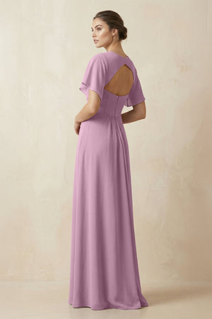 Short Sleeve V-Neck Chiffon A-Line Bridesmaid Dress in Wisteria - KissProm BRIDESMAID DRESSES