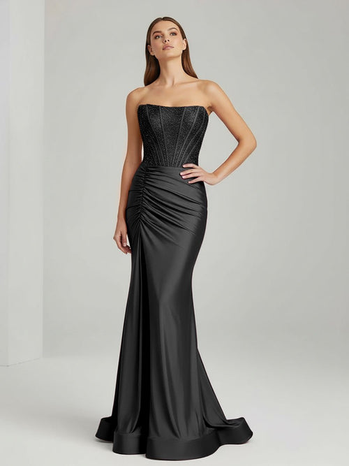 Chime | Black - Mermaid Strapless Satin Long Prom Dresses With Beading - KissProm