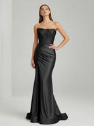 Chime | Black - Mermaid Strapless Satin Long Prom Dresses With Beading - KissProm
