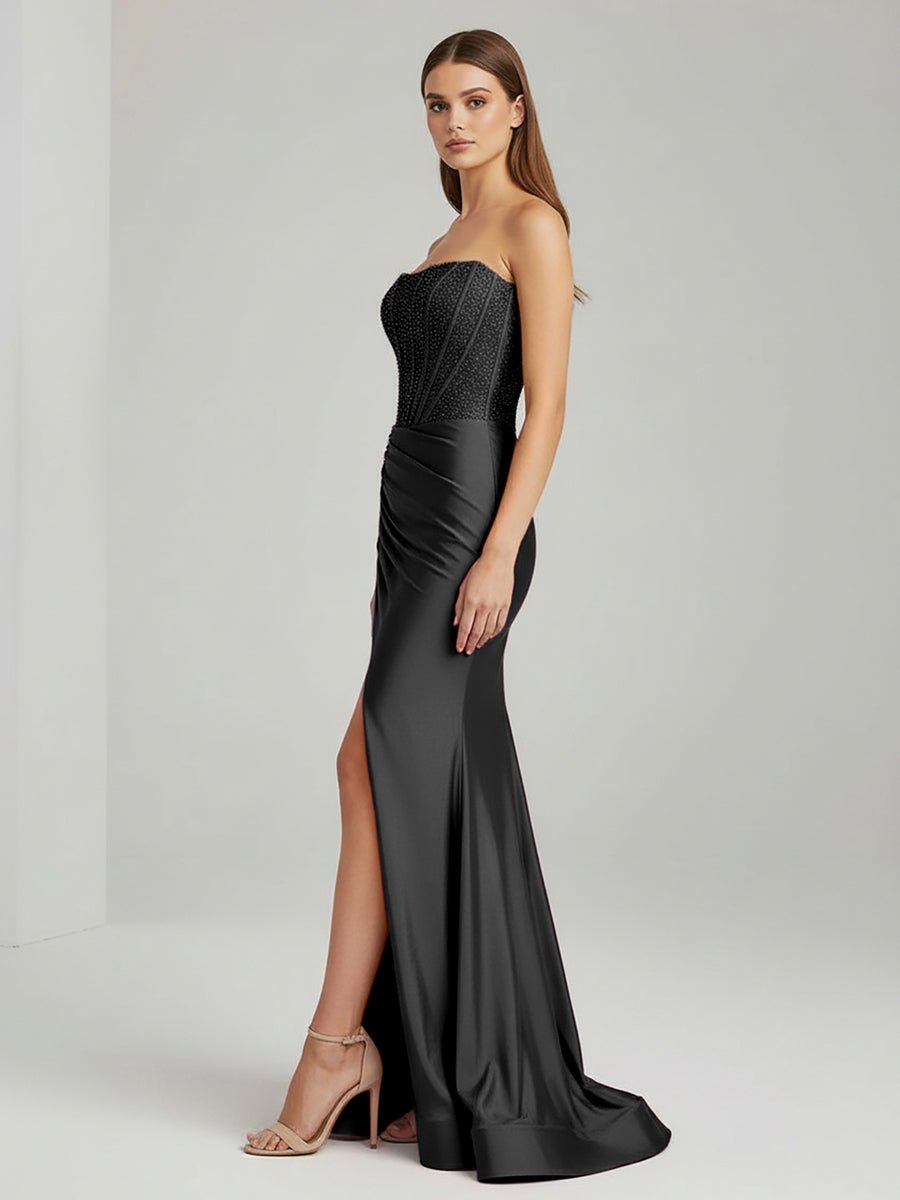 Chime | Black - Mermaid Strapless Satin Long Prom Dresses With Beading - KissProm