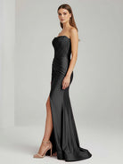 Chime | Black - Mermaid Strapless Satin Long Prom Dresses With Beading - KissProm