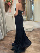 KissProm-Chime Black Mermaid Strapless Satin Long Prom Dresses With Beading