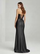 Chime | Black - Mermaid Strapless Satin Long Prom Dresses With Beading - KissProm