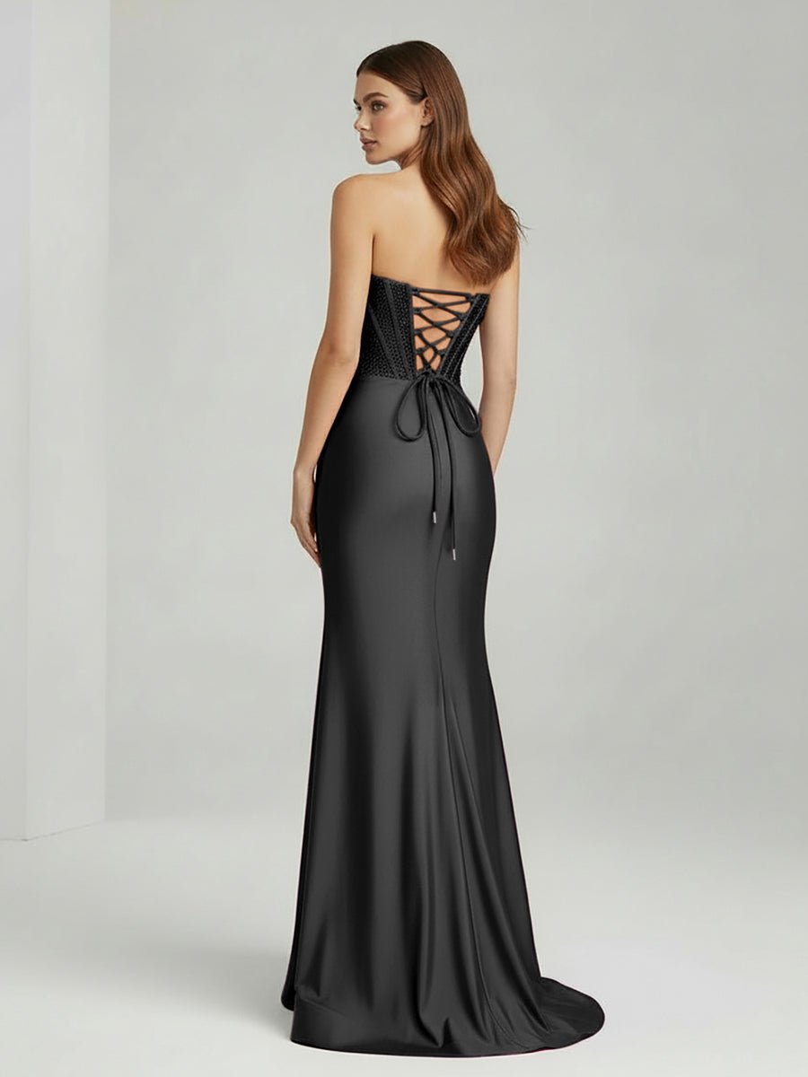 Chime | Black - Mermaid Strapless Satin Long Prom Dresses With Beading - KissProm
