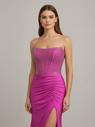 Chime | Fuchsia - Mermaid Strapless Satin Long Prom Dresses With Beading - KissProm